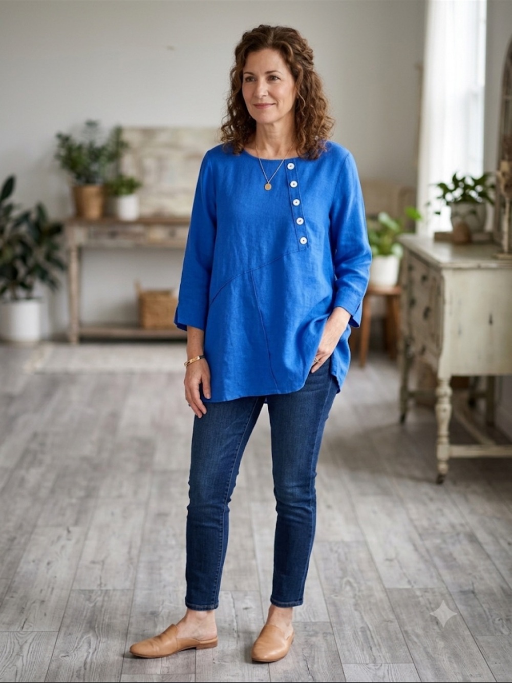 Ali Miles Linen Blend Blue Lagenlook Tunic Size XL